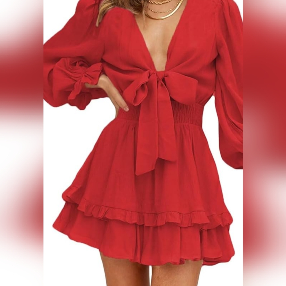 Red long sleeve holiday cocktail party dress - Picture 2 of 5